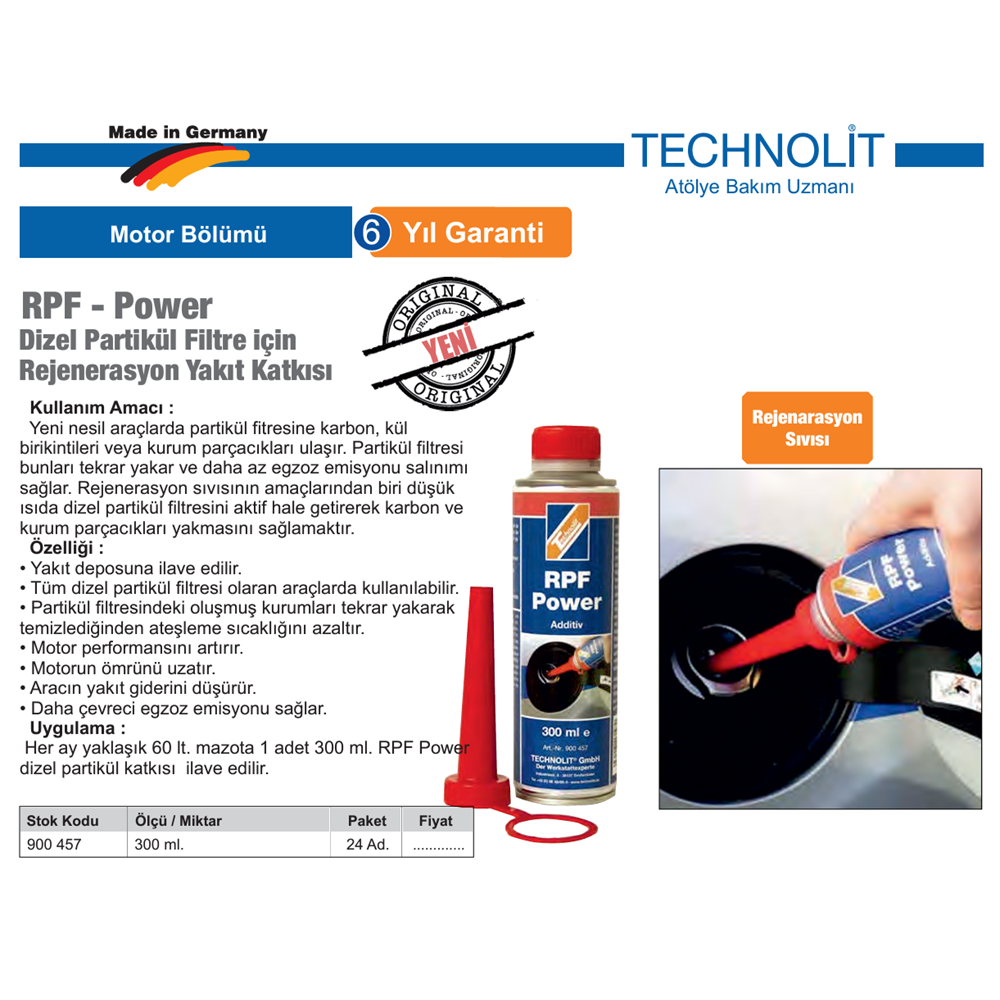 DİZEL PARTEKÜL FİLTRE KORUYUCU 300ML. 900 457 TECHNOLİT
