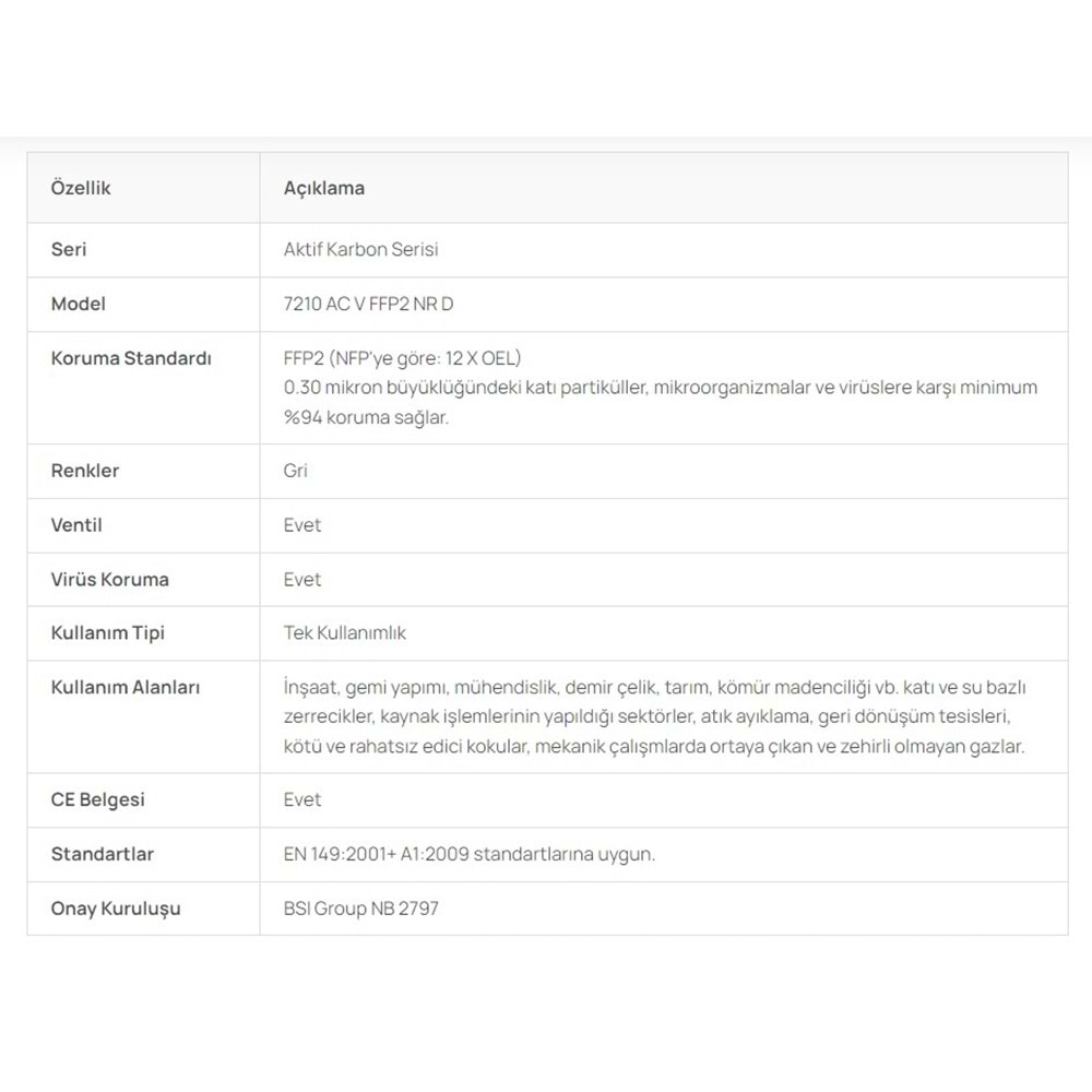AKTİF KARBON SOLUNUM MASKESİ FFP2 NR D 7210
