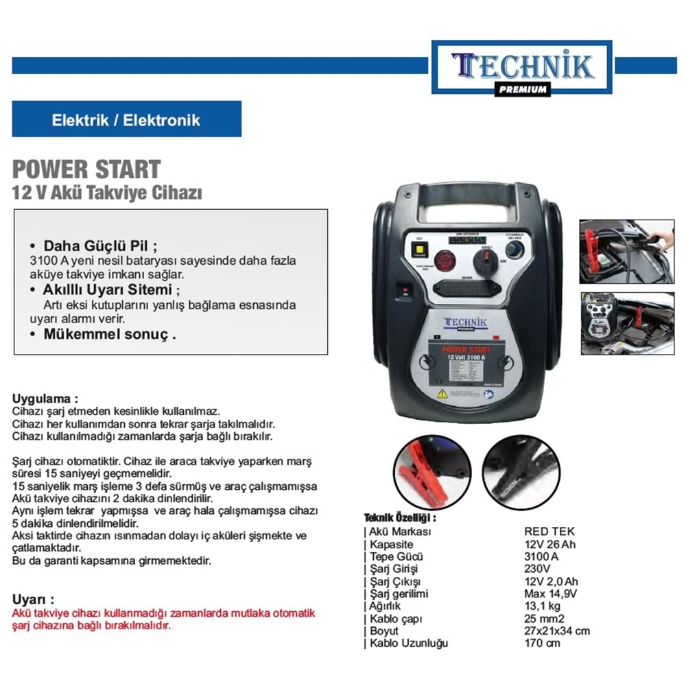 TECHNİK BOOSTER AKÜ TAKVİYE CİHAZI 492 004 12V-3100 AMP