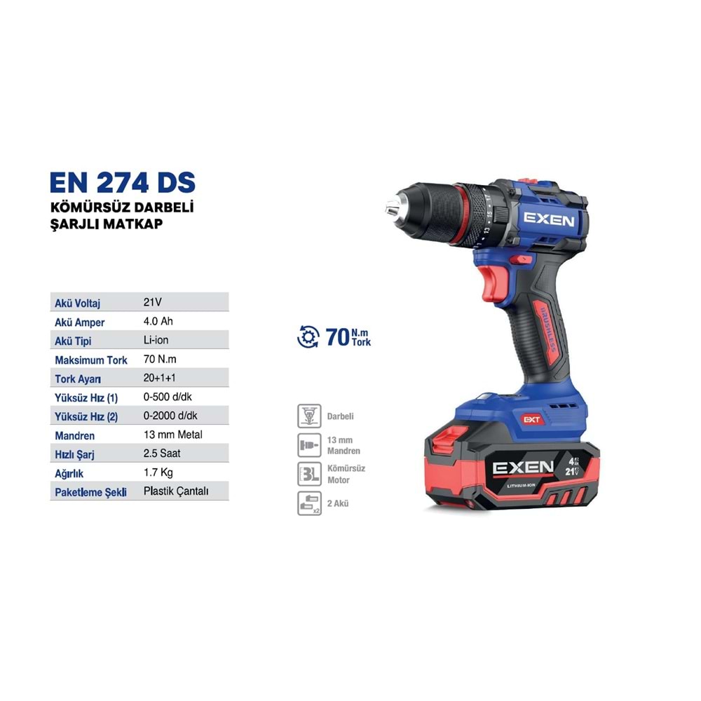 EXEN KÖMÜRSÜZ ŞARJLI MATKAP 274 DS 21V 4AH 70NM 2 BATARYA