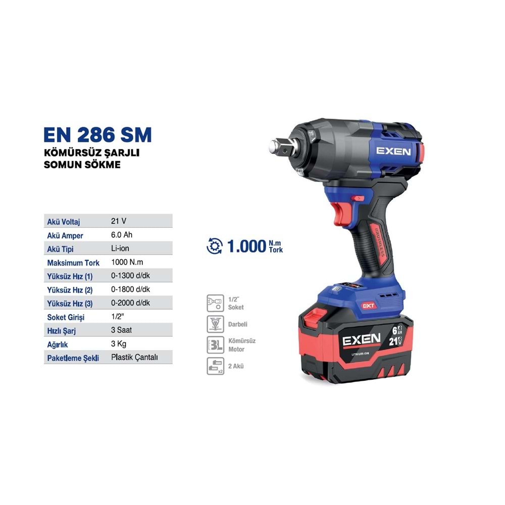 EXEN KÖMÜRSÜZ ŞARJLI SOMUN SÖKME 286 SM 21V 6AH 1000NM 2 BATARYA
