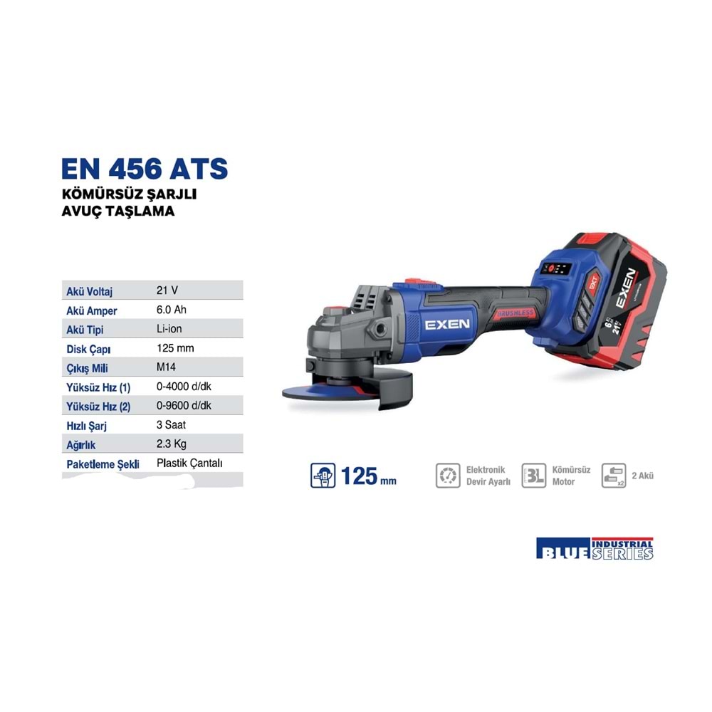 EXEN KÖMÜRSÜZ ŞARJLI AVUÇ TAŞLAMA 456 ATS 21V 6AH 125MM 2 BATARYA