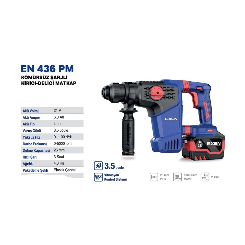 EXEN KÖMÜRSÜZ ŞARJLI KIRICI DELİCİ 436 PM 21V 6AH 3.5 J. 2 BATARYA