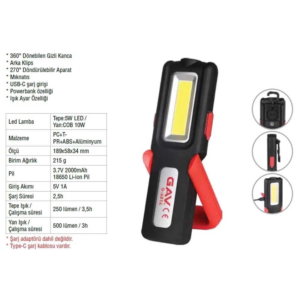 ŞARJLI MIKNATISLI LED LAMBA G6814 GAV