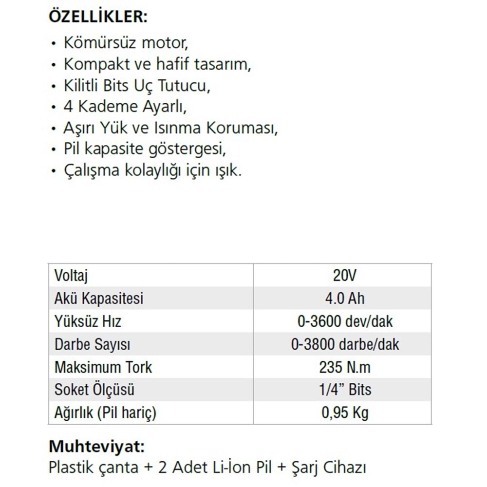 AKÜLÜ DARBELİ VİDALAMA 235NM 20V-2.AH/LİON A161 GAV
