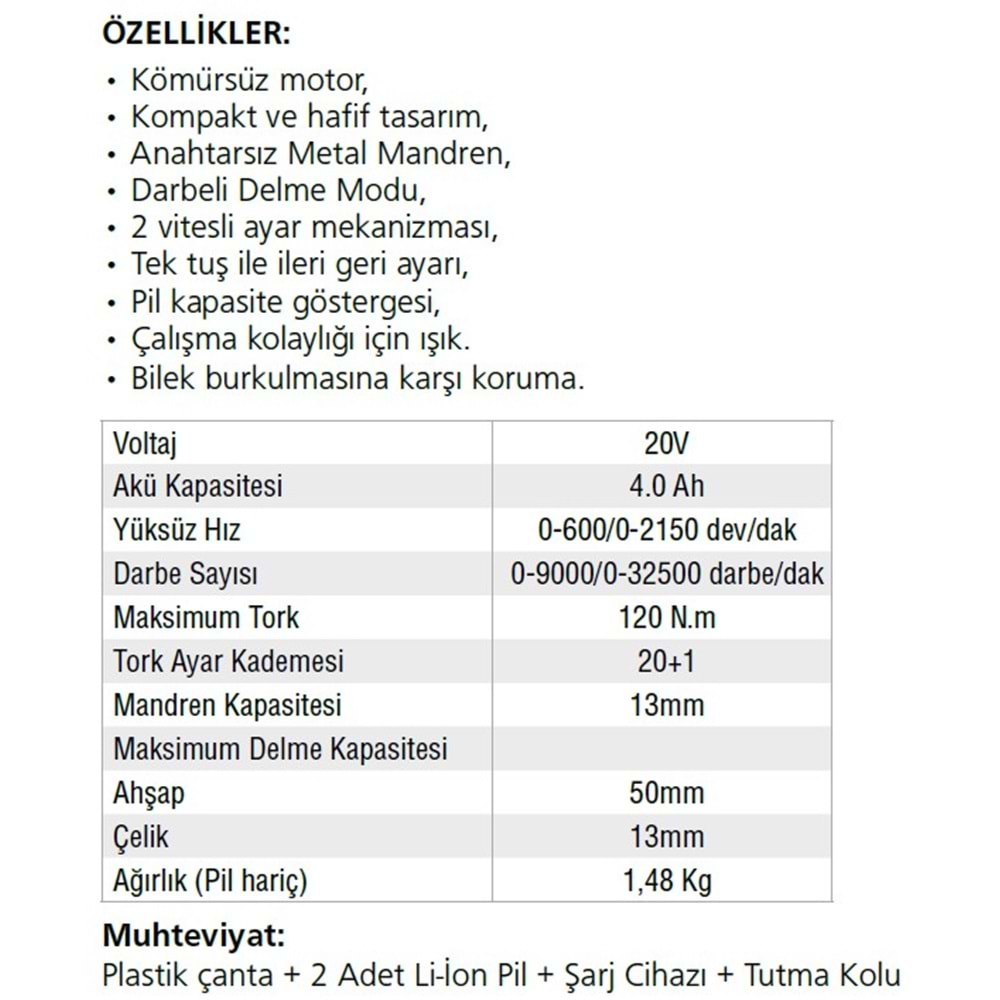 AKÜLÜ DARBELİ DELME-VİDALAMA 120NM 20V-4.AH/LİON A160 GAV