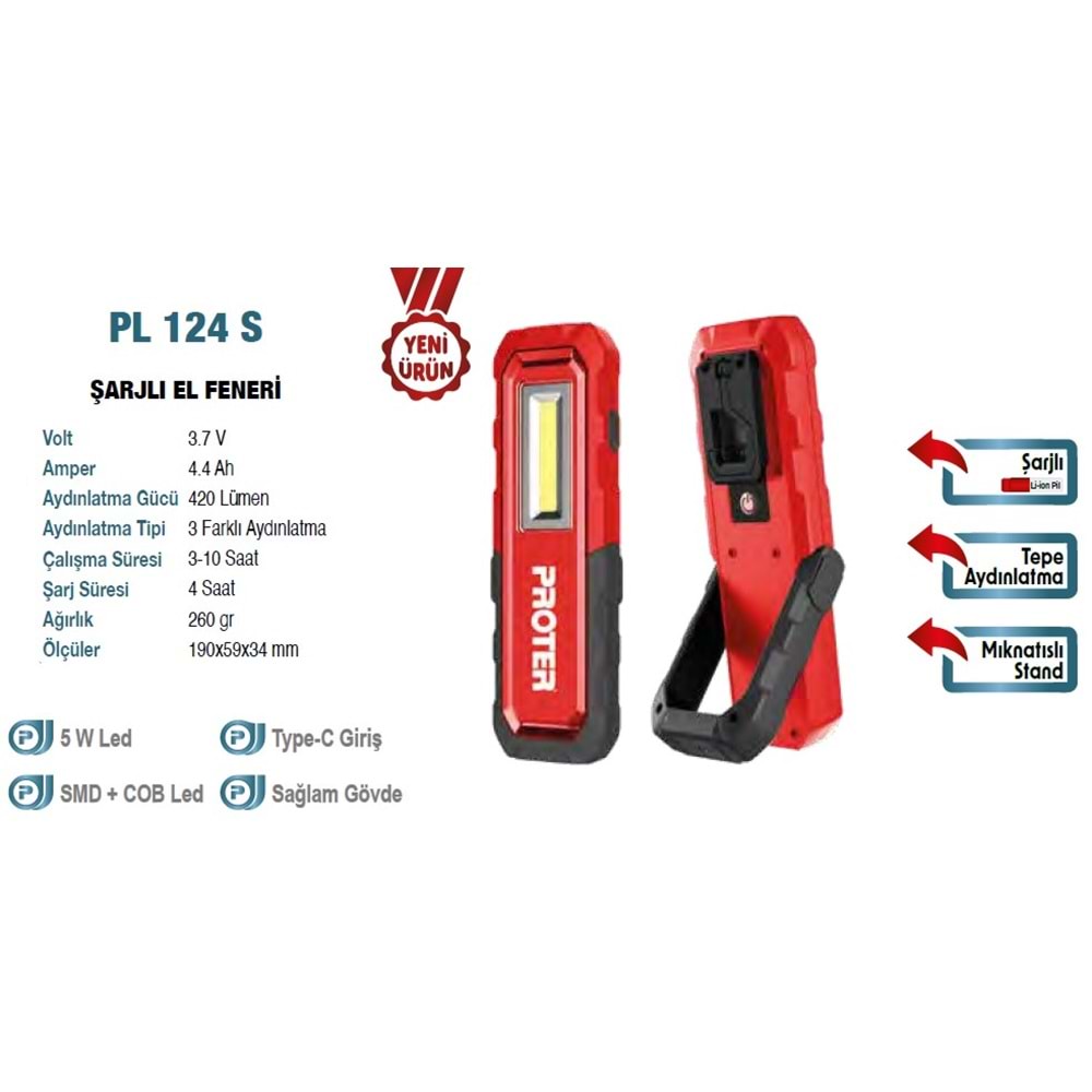 ŞARJLI MINATISLI LAMBA SMD+COB LED 420 LÜMEN PL 124 S