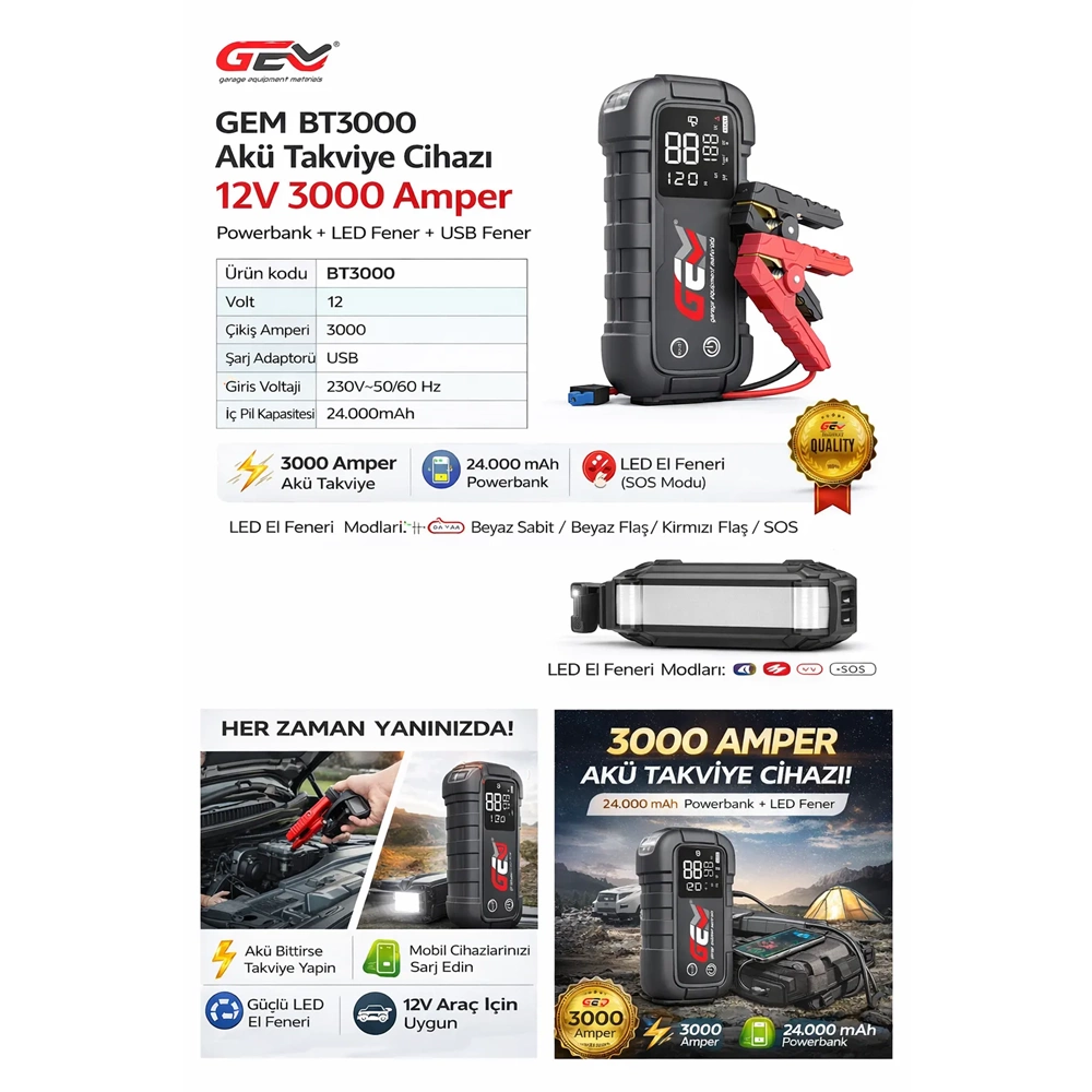 GEM BOOSTER AKÜ TAKVİYE CİHAZI BT 3000 12V-3000 AMP