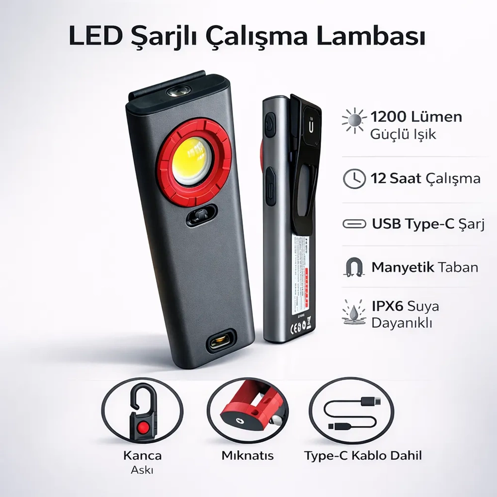 ŞARJLI MIKNATISLI LED LAMBA 1200 LÜMEN 6685 MHK