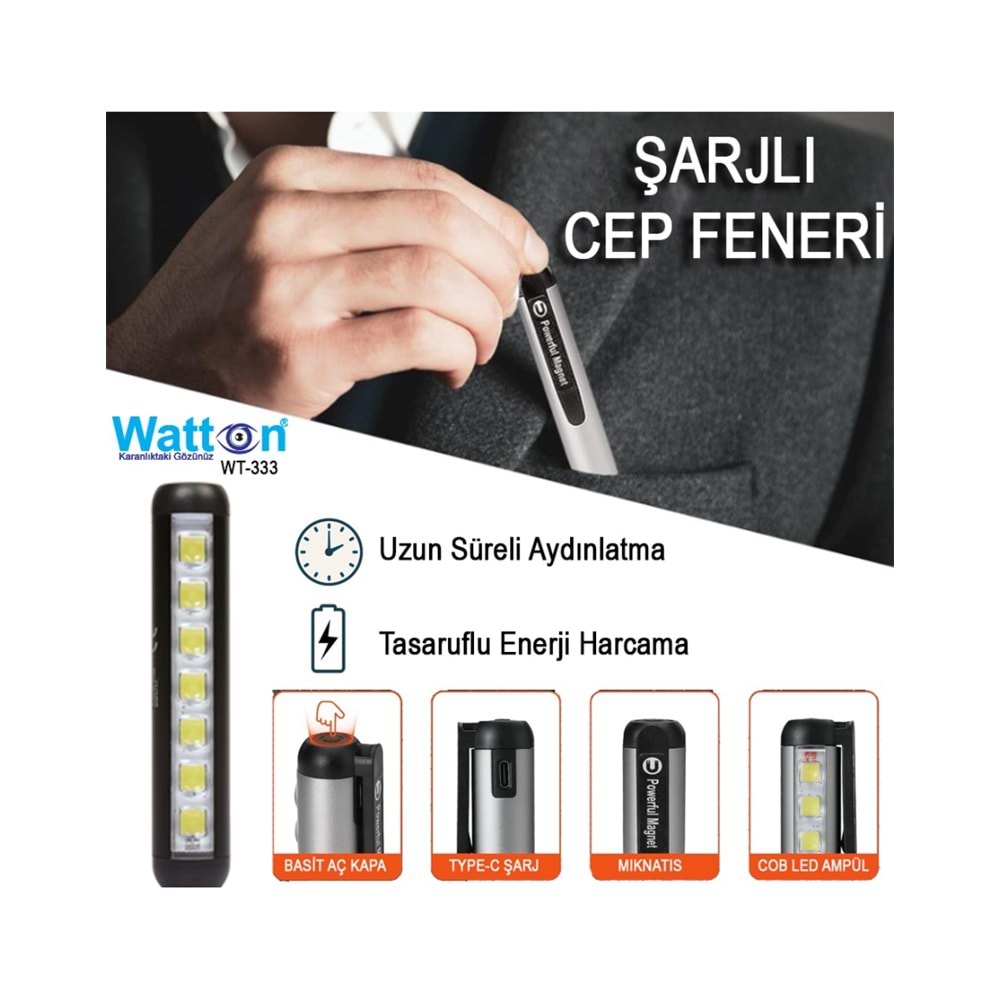 WATTON ŞARJLI MIKNATISLI CEP FENERİ WT-333