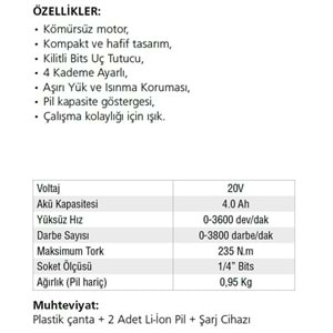 AKÜLÜ DARBELİ VİDALAMA 235NM 20V-2.AH/LİON A161 GAV