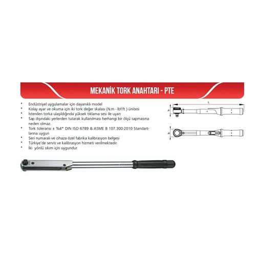 MEKANİK TORK ANAHTARI 1/2'' 25-135NM PTE-135
