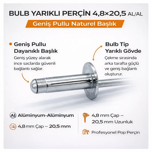BULB.YARIKLI PERÇİN 4,8*20,5 AL/AL AATLF GENİŞ PULLU NATUREL