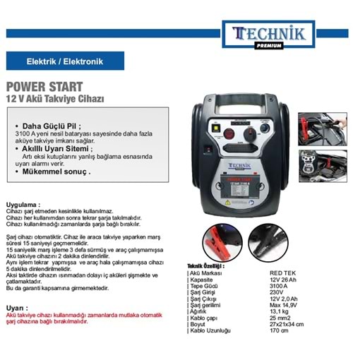 TECHNİK BOOSTER AKÜ TAKVİYE CİHAZI 492 004 12V-3100 AMP