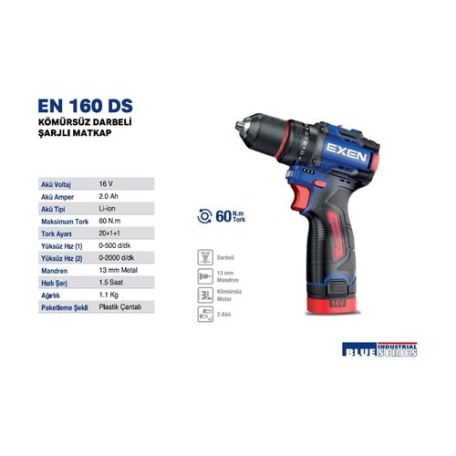 EXEN KÖMÜRSÜZ ŞARJLI MATKAP 160 DS 16V 2AH 60NM 2 BATARYA