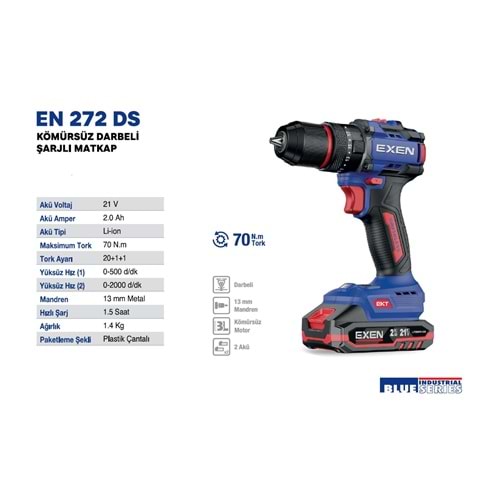 EXEN KÖMÜRSÜZ ŞARJLI MATKAP 272 DS 21V 2AH 70NM 2 BATARYA