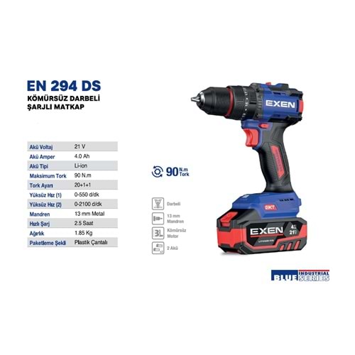EXEN KÖMÜRSÜZ ŞARJLI MATKAP 294 DS 21V 4AH 90NM 2 BATARYA