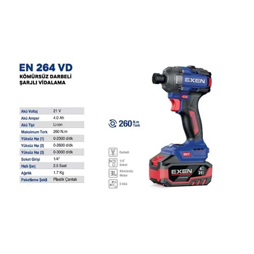 EXEN KÖMÜRSÜZ ŞARJLI SOMUN SÖKME 264 VD 21V 4AH 260NM 2 BATARYA