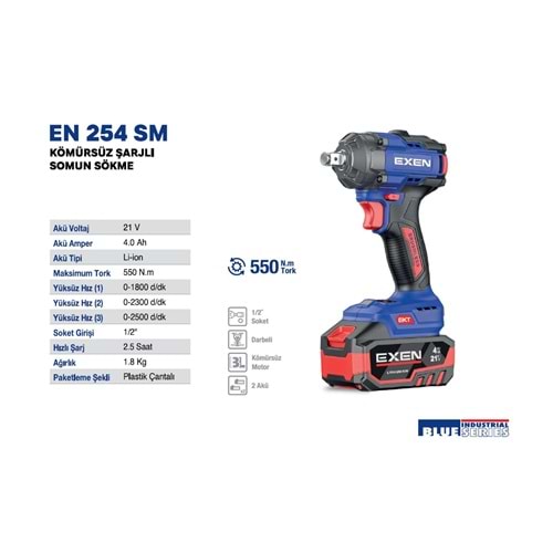 EXEN KÖMÜRSÜZ ŞARJLI MATKAP 254 SM 21V 4AH 550NM 2 BATARYA