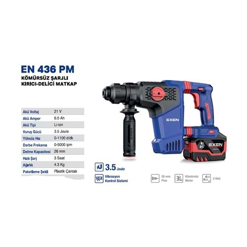 EXEN KÖMÜRSÜZ ŞARJLI KIRICI DELİCİ 436 PM 21V 6AH 3.5 J. 2 BATARYA