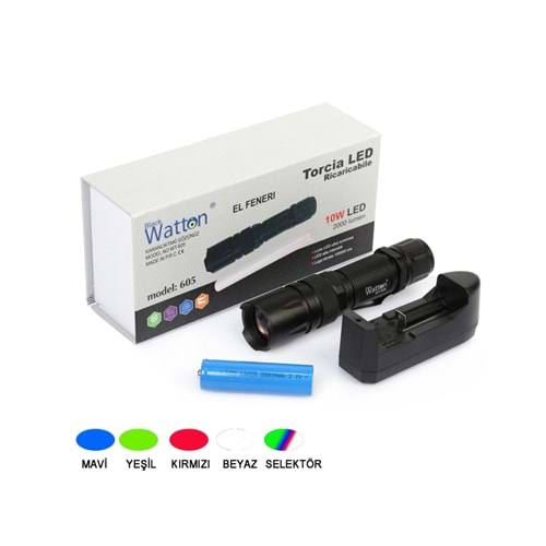 WATTON ŞARJLI EL FENERİ 4 RENK 2000 LÜMEN WT-605