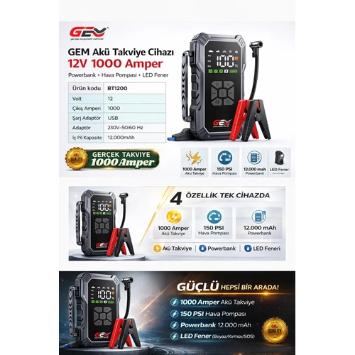 GEM BOOSTER AKÜ TAKVİYE VE LASTİK ŞİŞİRME CİHAZI BT 1200 12V-1000 AMP