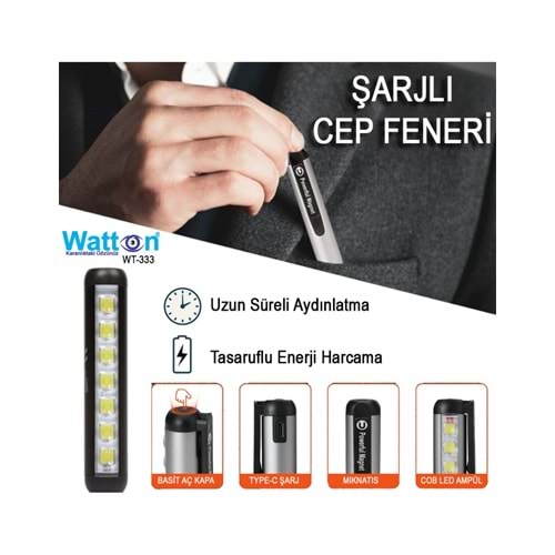 WATTON ŞARJLI MIKNATISLI CEP FENERİ WT-333