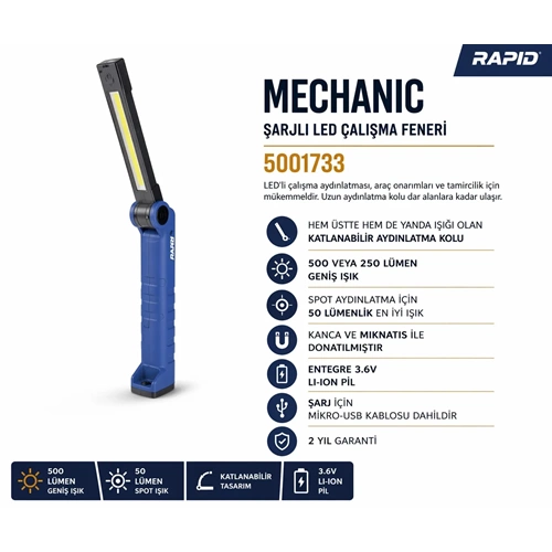 MECHANIC ŞARJLI LED ÇALIŞMA FENERİ 5001733 RAPİD