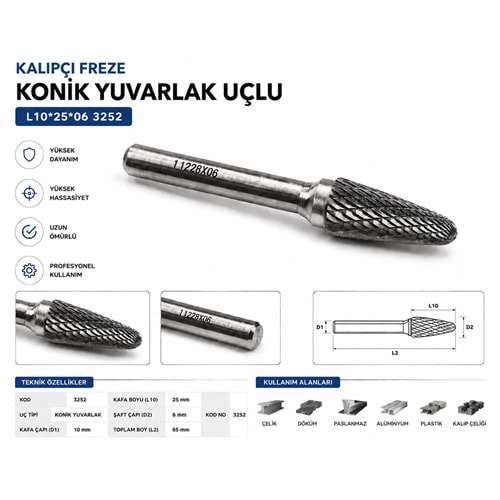KALIPÇI FREZE KONİK YUVARLAK TİP L10*25*06 3252