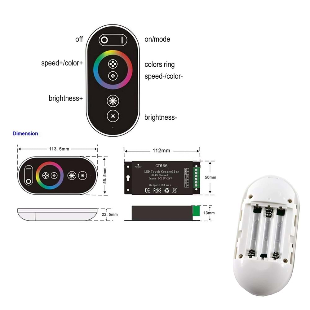 Ledx Ct-666 Rgb Kontrol Kumandası 12-24V 18A Dokunmatik