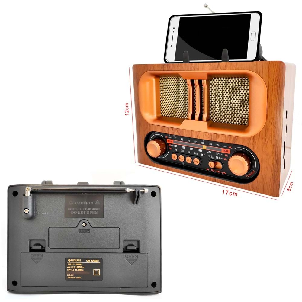 Radyo Nostalji Şarjlı Pilli Bt/Usb/Sd/Aux/Fm Telefon Standlı Cameron Cm-1965Bt