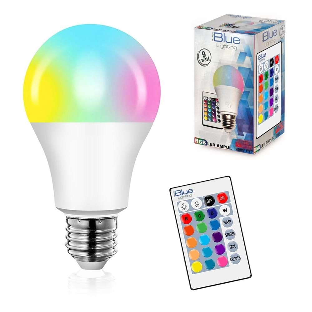 Rgb Led Ampül 220V 9W E27 Kumandalı Animasyonlu Black Blue Lıghtıng