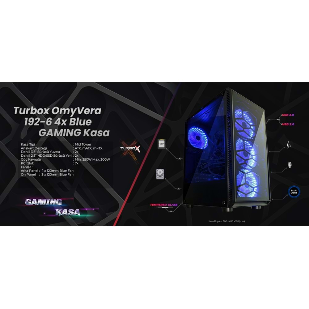 Omyvera 192-6 4X Blue Fan Usb 2.0 250W 300W Matx Gaming Bilgisayar Kasası