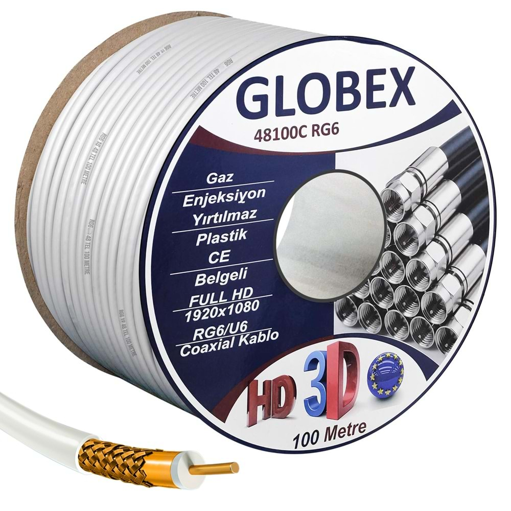 Globex Anten Kablosu Rg6 U4 48 Tel Bakır Kaplama 100 Metre