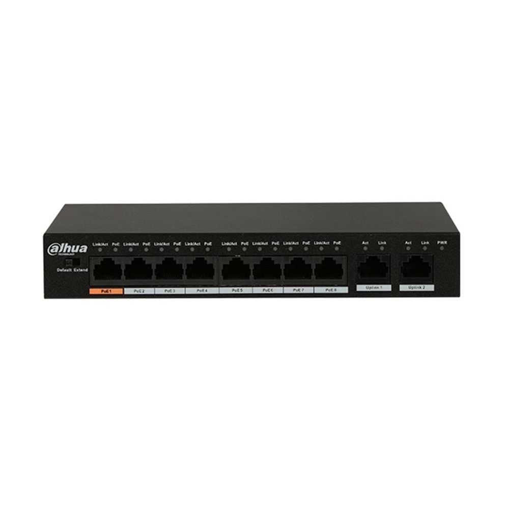 Dahua DH-PFS3010-8ET-65 8 Port 10/100 8FE Poe Port 65W 2FE Uplink Yönetilemez Switch