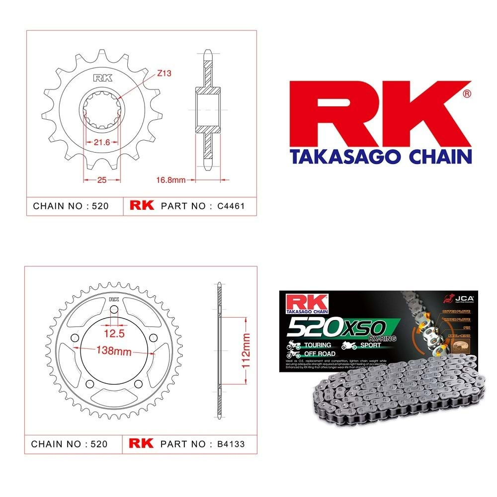 Rk Zincir Dişli Seti Honda Nc 750 S İntegra 14-16, Nc 750 S Dct 14-16, Nc 750 X Dct 14-20