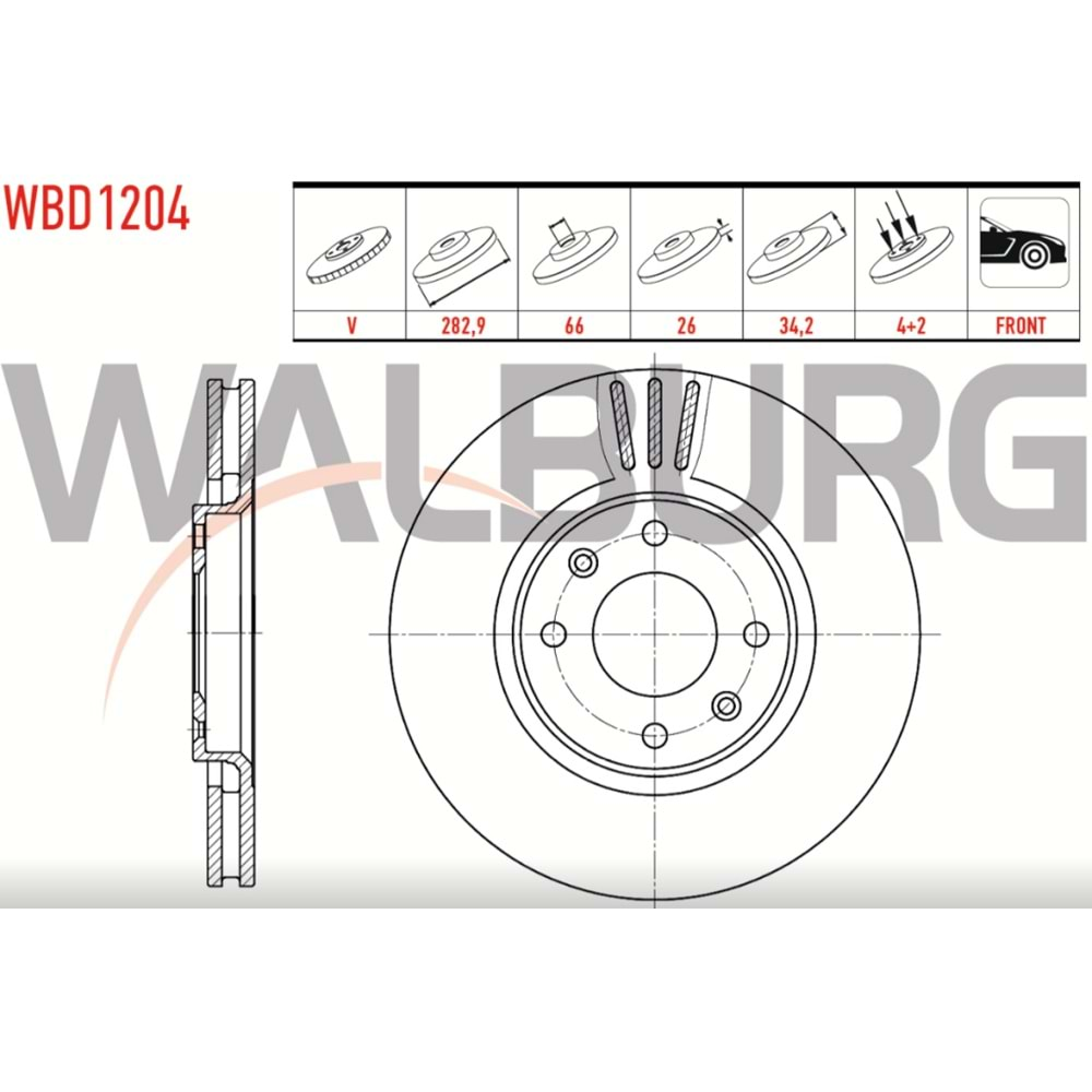 Fren Diski Peugeot 207, 307, 5008, Partner Tepee, Citroen C4, C5, Ds3, Ds4 Ön - 283 mm - WALBURG