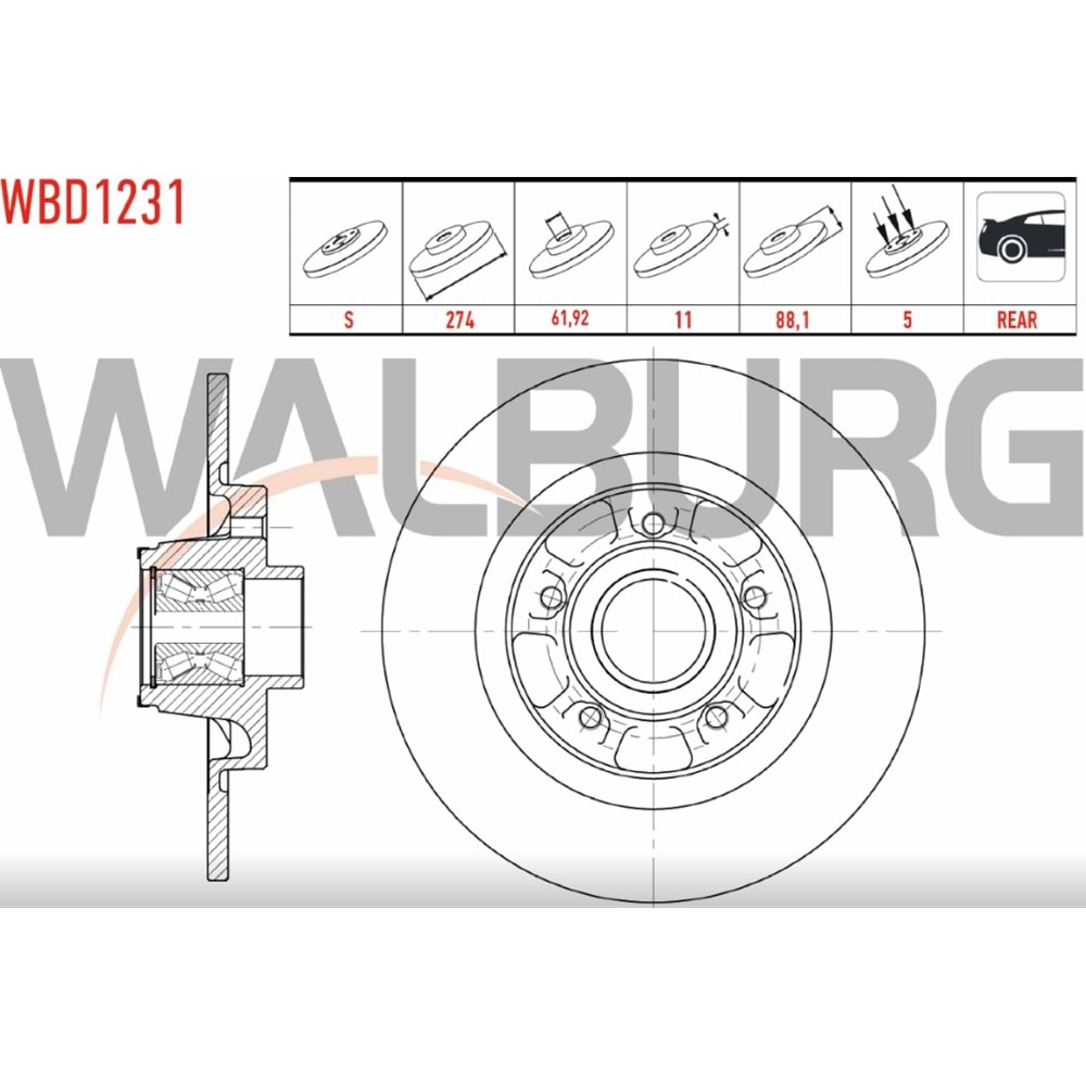 Fren Diski Renault Kango, Mercedes Citan RULMANLI Arka - 274 MM - WALBURG