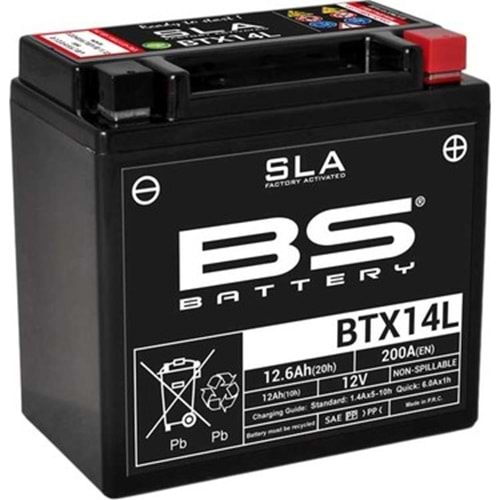 BS BTX14L SLA (YTX14L) 12V-12.6 AMPER 200 CCA BAKIMSIZ AKÜ