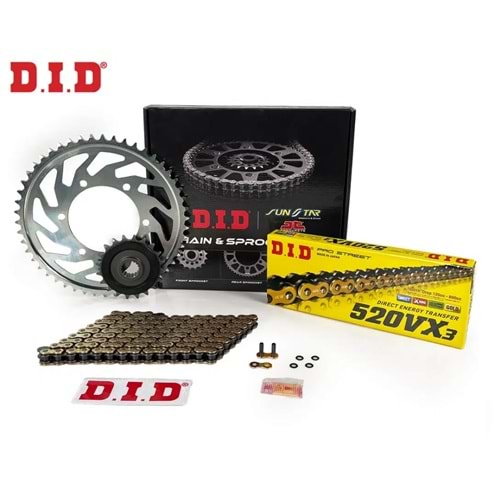 ZİNCİR DİŞLİ SETİ KTM ADVENTURE 390cc ZİNCİR: DID-520VX3 Gold-118 ÖN-ARKA DİŞLİ: JT 15T-45T 2020-2024