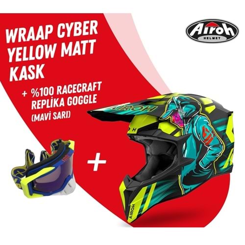 Aıroh Wraap Cyber Yellow Mat Motosiklet Kask-Gözlük Hediyeli